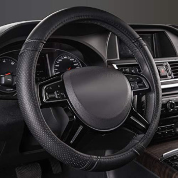 CAR PASS Classical Leather Automotive Universal Steering Wheel Covers,Universal Fit for Suvs,Trucks,Sedans,Cars,Vans(Black)