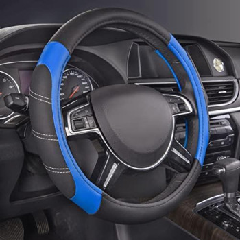 CAR PASS Line Rider Leather Universal Steering Wheel Cover fits for Truck,SUV,Cars (Black and Blue)