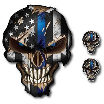 3 Pack Thin Blue LINE Skull American Flag Police Officer Blue Lives Matter Sniper Vinyl Decal Stickers Car Truck Sniper Marines Army Navy Military Graphic