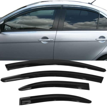 Window Visors Compatible With 2008-2017 Mitsubishi Lancer, Wind Deflector Rain Sun Guard Slim Style Tape On - Smoke Tint by IKON MOTORSPORTS, 2009 2010 2011 2012 2013 2014 2015 2016