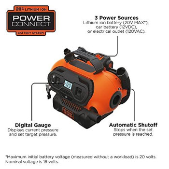 BLACK+DECKER 20V MAX Cordless Tire Inflator, Cordless & Corded Power, Tool Only (BDINF20C)