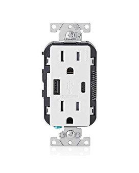 Leviton T5633-W 15-Amp Type-C USB Charger/Tamper Resistant Receptacle, 1-Pack, White