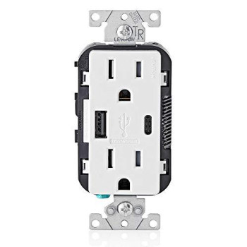 Leviton T5633-W 15-Amp Type-C USB Charger/Tamper Resistant Receptacle, 1-Pack, White