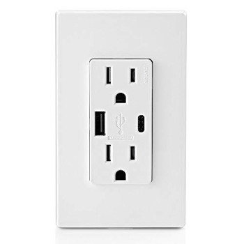 Leviton T5633-W 15-Amp Type-C USB Charger/Tamper Resistant Receptacle, 1-Pack, White