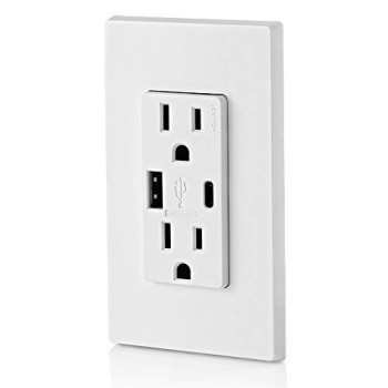 Leviton T5633-W 15-Amp Type-C USB Charger/Tamper Resistant Receptacle, 1-Pack, White