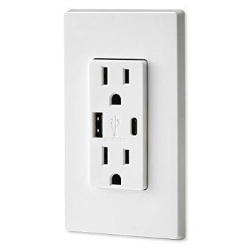 Leviton T5633-W 15-Amp Type-C USB Charger/Tamper Resistant Receptacle, 1-Pack, White