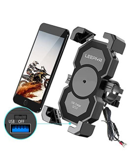 Leepiya Motorcycle Cell Phone Mount with USB Quick Charger 3.0 Mount on 2-3CM Handlebar or Rear-View Mirror Fast Charging for 4-7 inch Cellphones