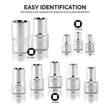 Neiko 02473A External Torx Plus Socket Set,10 Piece | 1/4-Inch EP6 - EP8, 3/8-Inch EP10 - EP16, 1/2-Inch Square Drive EP18 and EP24 | CR-V Steel