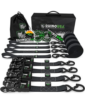 RHINO USA Ratchet Straps Tie Down Kit, 5,208 Break Strength - Includes (4) Heavy Duty 1.6" x 8 Rachet Tiedowns with Padded Handles & Coated Chromoly S Hooks + (4) Soft Loop Tie-Downs (Black 4-Pack)