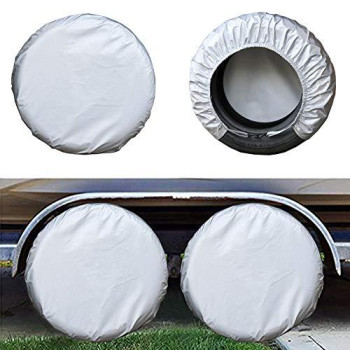 kayme Rv Tire Covers Set of 4, Travel Trailer Camper Truck SUV Motorhome Waterproof Wheel Cover, Sun Rain Snow Protector, Fit 27-29 Inch Tire Diameter/Silver