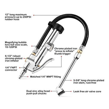 CZC AUTO Tire Inflator Air Pressure Gauge with Rubber Hose, 10-120PSI Dual Head Heavy Duty 1/4" FNPT Tyre Inflator Gage Compatible with Air Pump Compressor for Truck RV Bus Car Motorcycle Bike