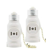 2 Outlet Light Socket Adapter, E26 Bulb Socket to Outlet Splitter,Converts Medium Screw Socket into a Socket with Two outlets,Polarized Outlet,With Pull Chain Switch. UL Listed, White (2-Pack)