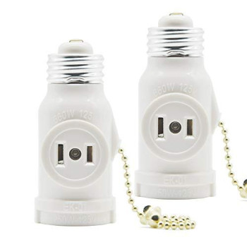 2 Outlet Light Socket Adapter, E26 Bulb Socket to Outlet Splitter,Converts Medium Screw Socket into a Socket with Two outlets,Polarized Outlet,With Pull Chain Switch. UL Listed, White (2-Pack)