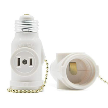 2 Outlet Light Socket Adapter, E26 Bulb Socket to Outlet Splitter,Converts Medium Screw Socket into a Socket with Two outlets,Polarized Outlet,With Pull Chain Switch. UL Listed, White (2-Pack)