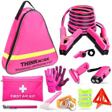 THINKWORK Car Emergency Kit for Teen Girl and Ladys Gifts, Pink Emergency Roadside Assistance kit with 10FT Jumper, First Aid Kit, Safety Hammer, Tow Rope, and More Ideal Pink Car Accessories Tool