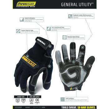 Ironclad General Utility Work Gloves GUG, All-Purpose, Performance Fit, Durable, Machine Washable, (1 Pair), Large - GUG-04-L , Black