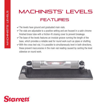 Starrett Machinists' Level with Ground and Graduated Main Vial - Ideal for Machine Shop and Tool Room Use - 6" (150mm) Length, Cross Test Vial, Without Case - 98-6