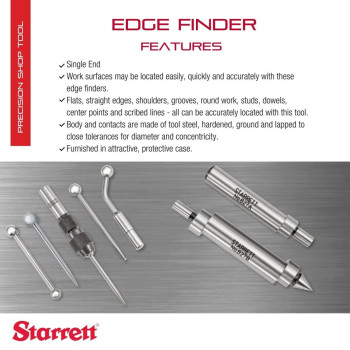 Starrett Edge Finder - Ideal for Flat, Straight Edges, Center Points and Scribed Lines - .200" Contact Diameter, .375" Body Diameter, Single End with Protective Case - 827A