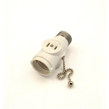 Leviton 1406-W 660 Watt, 125 Volt, Two Outlet With Pull Chain Socket Adapter, White