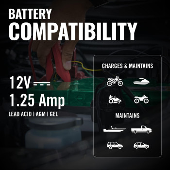 Battery Tender 2 Bank Battery Charger and Maintainer, 12 Volt 1.25 AMP for Motorcycles, ATVs, Lawn Mowers