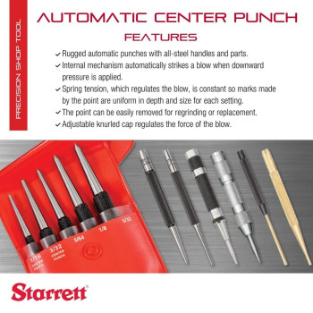 Starrett Steel Automatic Center Punch with Adjustable Stroke - 5-1/4" (130mm) Length, 11/16" (17mm) Punch Diameter, Lightweight, Knurled Steel Handle - 18C