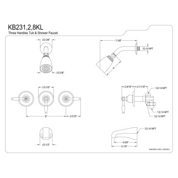 Kingston Brass KB232KL Tub and Shower Faucet, 5-Inch Spout Reach, Polished Brass