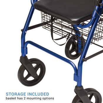 Lumex Walkabout Contour Deluxe Rollator with Seat - Larger 8" Wheels & Padded Backrest for Upgraded Comfort - Royal Blue, RJ4805B