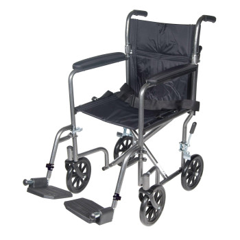 Drive Medical Lightweight Steel Transport Wheelchair, Fixed Full Arms, 17" Seat, Silver Vein