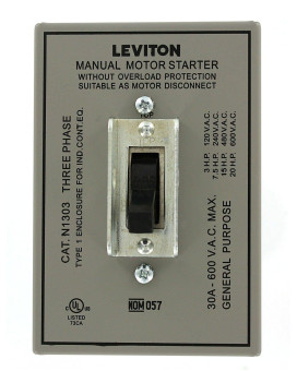 Leviton N1303-DS 30 Amp, 600 Volt, Toggle Three-Pole AC Motor Starter, Suitable as Motor Disconnect, In Type 1 Metal Enclosure, Industrial Grade, Grounded, Gray