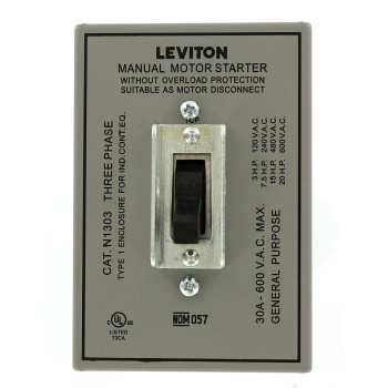 Leviton N1303-DS 30 Amp, 600 Volt, Toggle Three-Pole AC Motor Starter, Suitable as Motor Disconnect, In Type 1 Metal Enclosure, Industrial Grade, Grounded, Gray