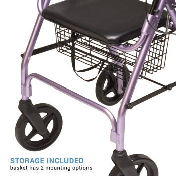 Lumex Walkabout Contour Deluxe Rollator with Seat - Larger 8" Wheels & Padded Backrest for Upgraded Comfort - Lavender, RJ4805L