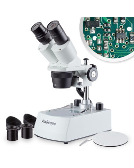 Amscope Se306R-Pz-Led Forward-Mounted Binocular Stereo Microscope, Wf10X And Wf20X Eyepieces, 20X40X80X Magnification, 2X And 4X Objectives, Upper And Lower Led Lighting, Reversible Blackwhite Stage Plate, Pillar Stand, 120V Or Battery-Powered
