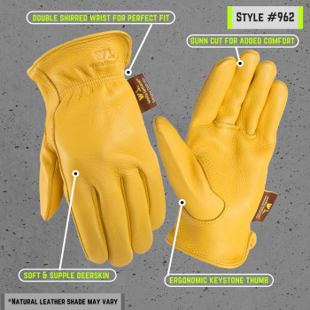 Men's Deerskin Full Leather Light-Duty Driving Gloves, Extra Large (Wells Lamont 962), Gold