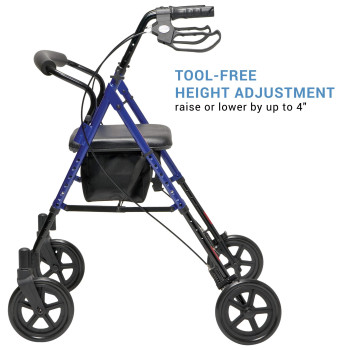 Lumex Set n' Go Wide Rollator, Height-Adjustable Walker with Wide Seat, Short and Tall Use, Blue