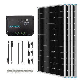 Renogy 400 Watt 12 Volt Solar Panel Starter Kit With 4 Pcs 100W Monocrystalline Solar Panel And 30A Wanderer Pwm Charge Controller For Rv, Boats, Trailer, Camper, Marine, Off-Grid Solar Power System