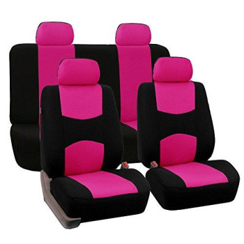 Fh Group Bright Flat Cloth Full Set Automotive Seat Covers Front Set And Rear Solid Bench Pink Black Seat Covers W Gift Universal Fit Interior Accessories For Cars Trucks And Suvs