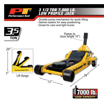 Performance Tool W1645 Professional Low-Profile Swiveling Floor Jack, 3.5-Ton Capacity, Lift Range 3-1/2" to 20-1/2"