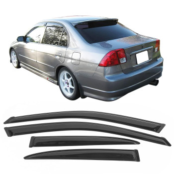 Window Visor Compatible With 2001-2005 Honda Civic Em2 Sedan, Slim Style Acrylic Smoke Tinted & Semi-Transparent 4Pcs Sun Rain Shade Guard Wind Vent Air Deflector By Ikon Motorsports, 2002 2003 2004