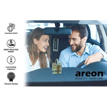 Areon Car Perfume Gold - Air Freshener In Glass Bottle - Luxury Odor Eliminator Spray With Absorber Hanging Pad - Unique Fragrance & Long-Lasting Aroma For Vehicle, Office, Home - Made In Europe, 50Ml