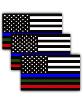 Anley 5 X 3 Inch Thin Line Us Flag Decal - Blue Green And Red Reflective Stripe American Flag Car Stickers - Support Police Military And Fire Officers (3 Pack)