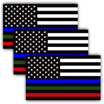 Anley 5 X 3 Inch Thin Line Us Flag Decal - Blue Green And Red Reflective Stripe American Flag Car Stickers - Support Police Military And Fire Officers (3 Pack)