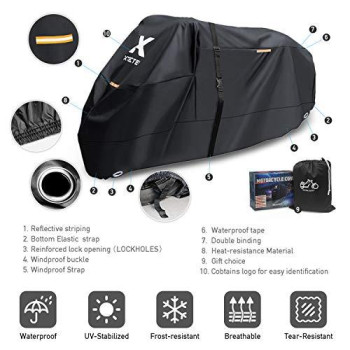 Xyzctem Motorcycle Cover -Waterproof Outdoor Storage Bag,Made Of Heavy Duty Material Fits Up To 116 Inch, Compatible With Harley Davison And All Motors(Black& Lockholes& Professional Windproof Strap)