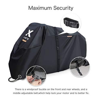 Xyzctem Motorcycle Cover -Waterproof Outdoor Storage Bag,Made Of Heavy Duty Material Fits Up To 116 Inch, Compatible With Harley Davison And All Motors(Black& Lockholes& Professional Windproof Strap)