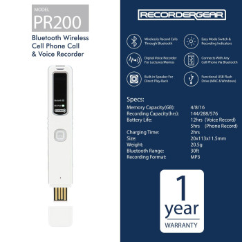 RecorderGear PR200 Bluetooth Cell Phone Call Recording Device, iPhone and Android Mobile Recorder