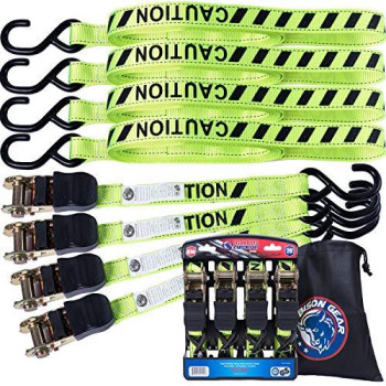 Ratchet Tie Down Straps 20Ft 4 Pack By Bison Gear High Visibility Uv Resistant 2200Lb Heavy Duty Cargo Straps With Ergonomic Rubber Grips & Coated Hooks - Safety Standards Certified - Neon Green