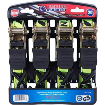 Ratchet Tie Down Straps 20Ft 4 Pack By Bison Gear High Visibility Uv Resistant 2200Lb Heavy Duty Cargo Straps With Ergonomic Rubber Grips & Coated Hooks - Safety Standards Certified - Neon Green