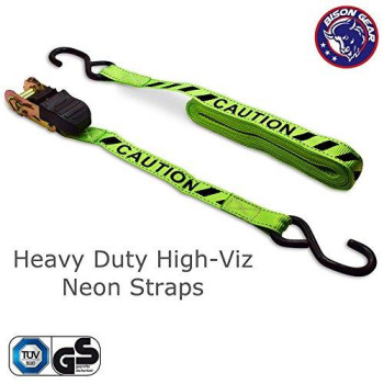 Ratchet Tie Down Straps 20Ft 4 Pack By Bison Gear High Visibility Uv Resistant 2200Lb Heavy Duty Cargo Straps With Ergonomic Rubber Grips & Coated Hooks - Safety Standards Certified - Neon Green