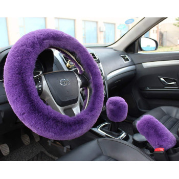 Valleycomfy Winter Warm Faux Wool Steering Wheel Cover With Handbrake Cover Gear Shift Cover Set Universal 15 Inch 1 Set 3 Pcs, Purple