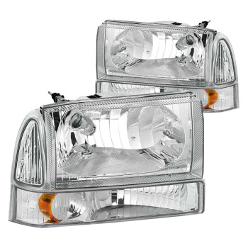 Dna Motoring Hl-Oh-F99Sd4P-Ch-Am Chrome Amber Headlights Replacement Compatible With 99-04 F-250 F-350 F-450 F-550