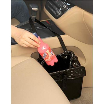 Kmmotors Foldable Car Garbage Can Patented Car Waste Basket Comfortable Multifuntional Vegan Leather And Oxford Clothes Car Organizer Car Trash Can (Jopps_Medium_Black)